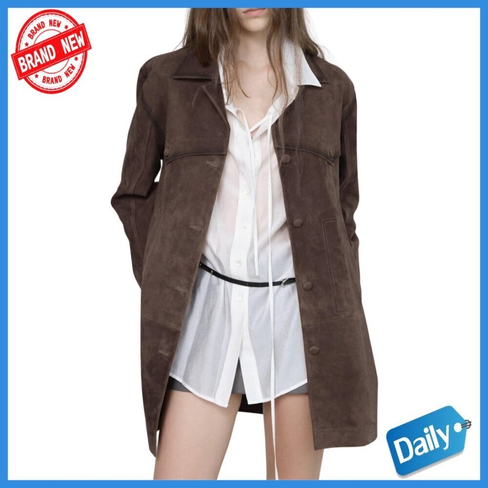 Faux Suede Leather Shacket Jacket Lapel Collar Mid Long Coat Oversized Fit